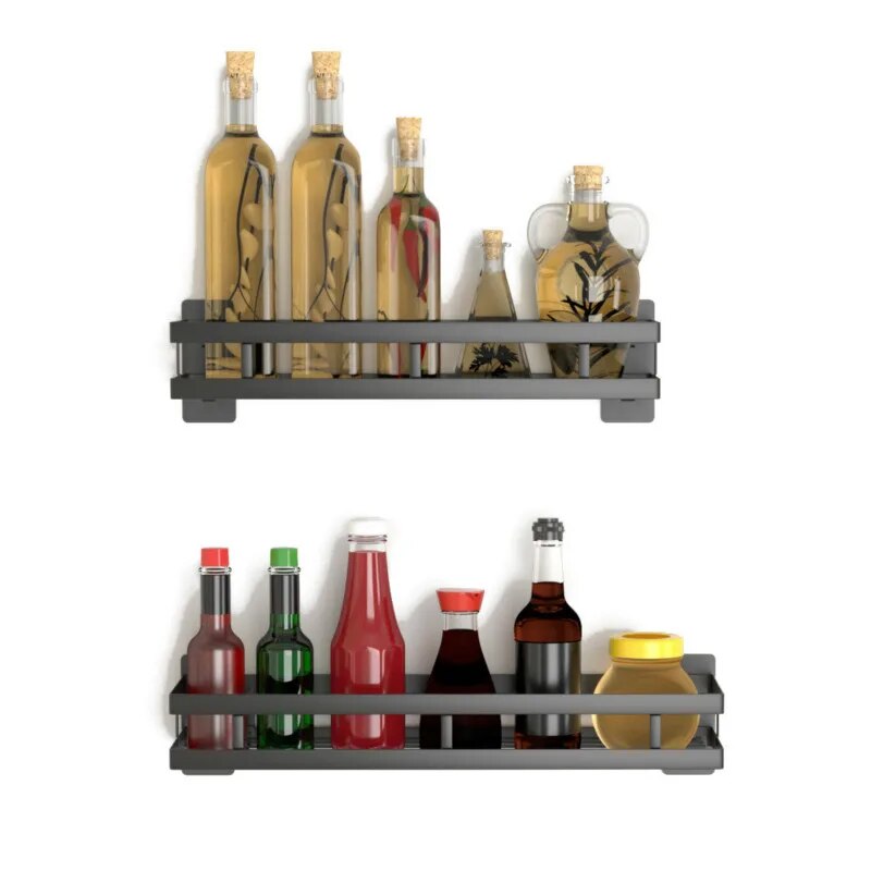Kichen Organizer Kitchen Condiment Rack Storage Rack Nail-free Black Stainless Steel Removable for Easy Cleaning