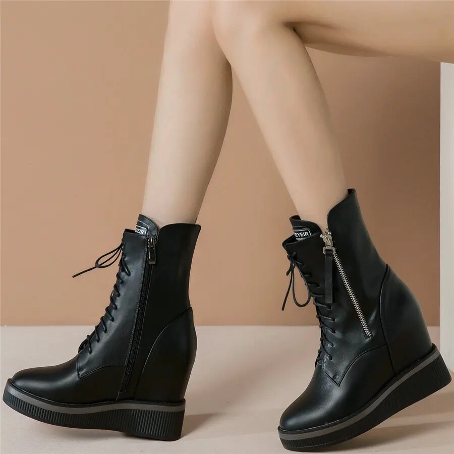 Platform Trainers Women Lace Up Cow Leather Wedges High Heel Pumps Shoes Female High Top Round Toe Fashion Sneakers Casual Shoes