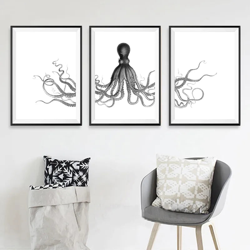 Octopus Triptych Posters and Prints Nautical Wall Art Canvas Painting Bodner Octopus Black White Pictures Bathroom Home Decor