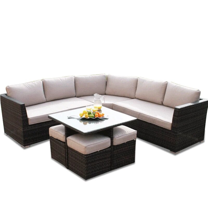 4-Piece Furniture Sectional Sofa Set All Weather Warm Wicker with Cushions & Sophisticated Glass Coffee Table Conversation brown
