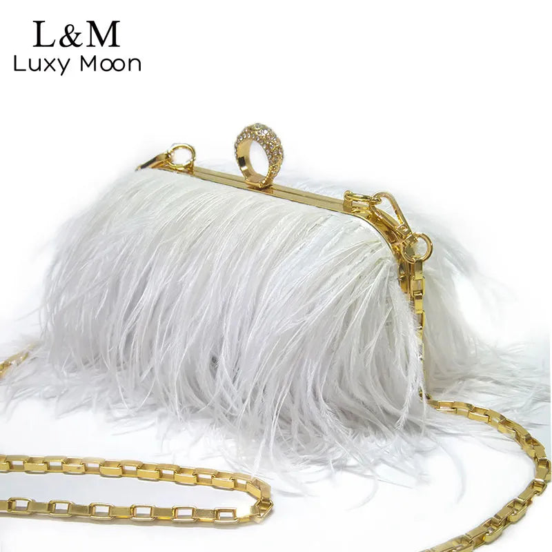 Designer Ostrich Fur Feather Wallet Clutch Bag Women Clutch Diamond Knuckle Rings Dinner Evening Bag Chain Purses Party XA531H