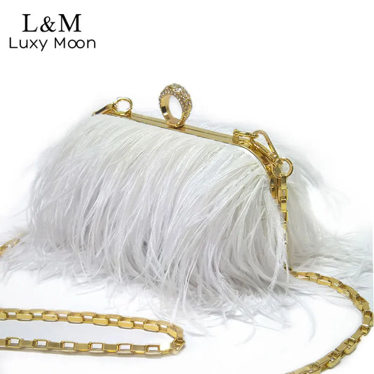 Designer Ostrich Fur Feather Wallet Clutch Bag Women Clutch Diamond Knuckle Rings Dinner Evening Bag Chain Purses Party XA531H