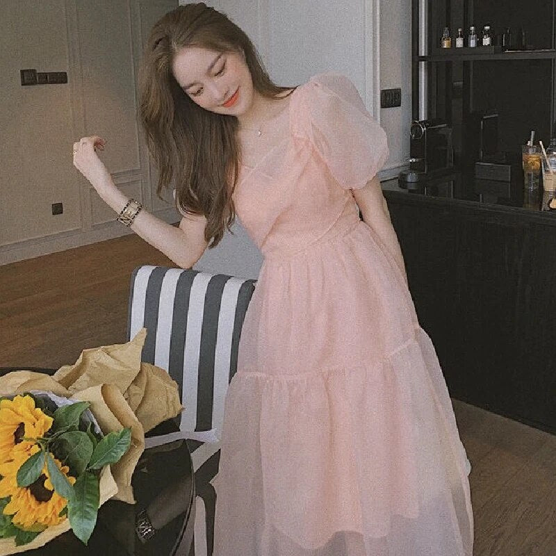 Lolita Puff Sleeve Slim Lace Chiffon Pink Dress Elegant Designer Dress Women French Bandage Dresses 2022 Autumn Women's Clothing