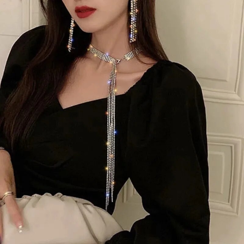 High-end luxury long rhinestone tassel choker necklace,delicate and elegant girlcubic zircon necklace gift party wedding jewelry