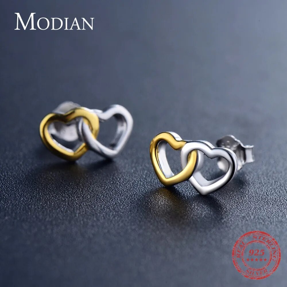 Modian New Authentic 100% 925 Sterling Silver Ring & Stud Earrings Fashion Double Hearts Gold White Color Wedding Jewelry Set