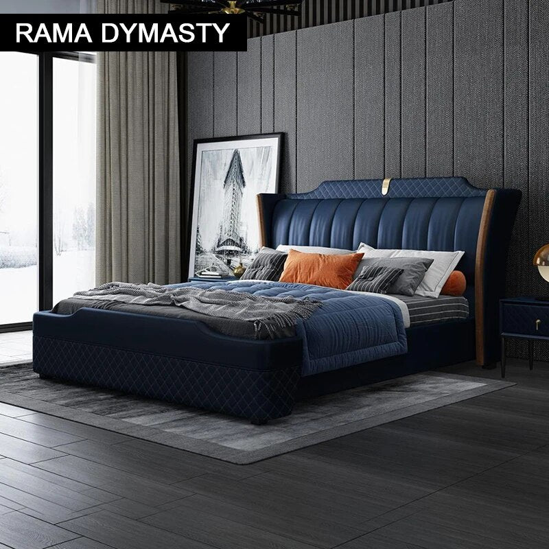 RAMA DYMASTY genuine leather soft bed modern design bed/ fashion king/queen size bedroom furniture