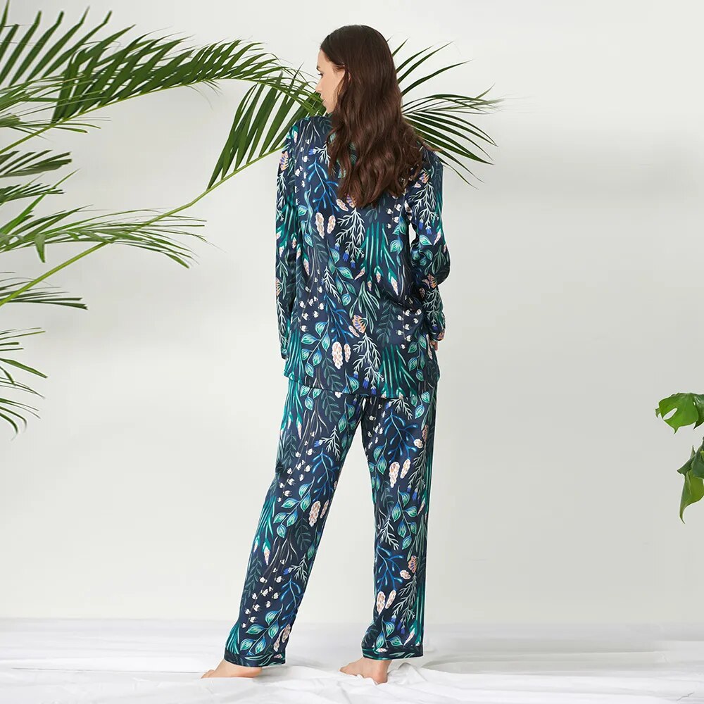LILYSILK 100 Silk Pajamas Set Pijama Women Sleepwear Plant Print Long NEW Luxury Natural Women's Clothing Free Shipping