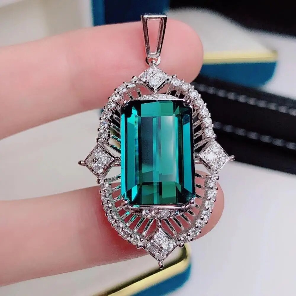 H915 Fine Jewelry Solid 18K Gold 100% Natural 17.55ct Blue Tourmaline Diamonds Gemstone Diamond Women's Pendants Necklaces