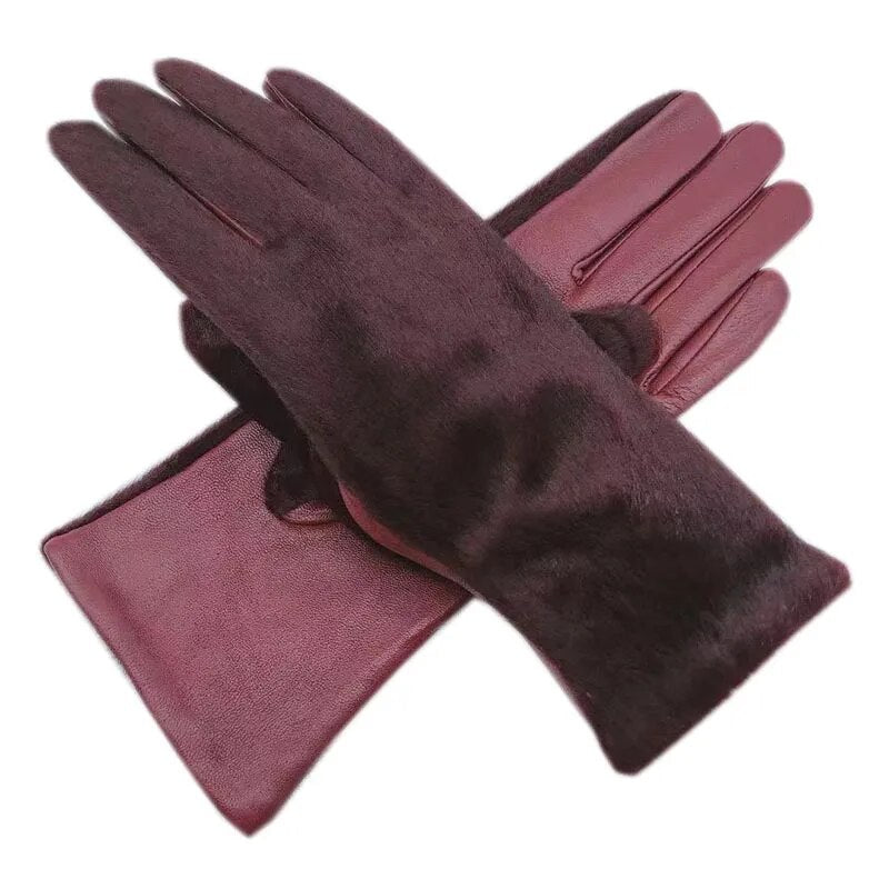 Gloves winter ladies wristband fashion sheepskin gloves wine red new warm female leather AB version wool lining imitation sea li