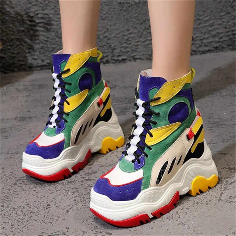 Punk Goth Creepers Women Lace Up Genuine Leather Wedges High Heel Ankle Boots Female High Top Chunky Platform Fashion Sneakers
