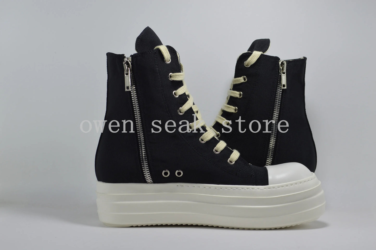 Owen Seak Men High-TOP Double Platform Heels Sneakers Lace Up Women Canvas Casual Boots Height Increasing Zip Flats Black Shoes
