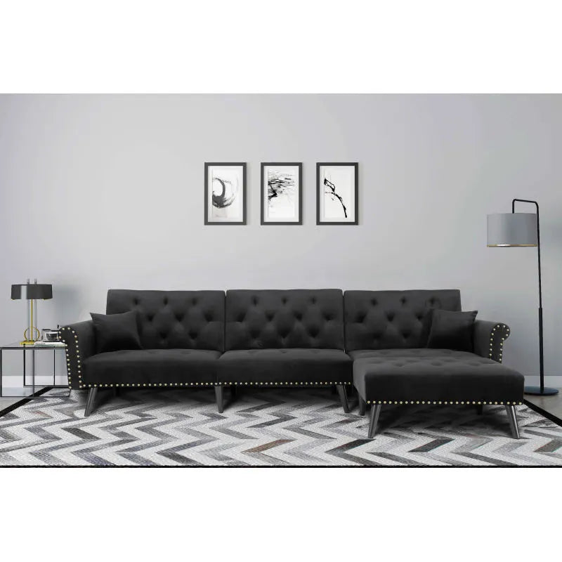 Living Room Furniture Sets, L-Shape Upholstered Sectional Futon Sofa Bed with Modern Velvet Sofa for Living 115x59.37x32.2 in
