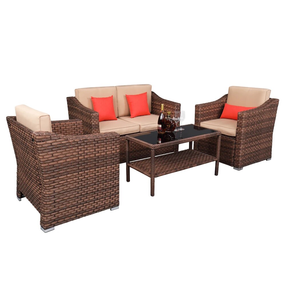 US Warehouse Wide Rattan Double Contiguous Rattan Four-Piece Suit 1 Double 2 Single 1 Double Coffee Table  Outdoor Furniture Set