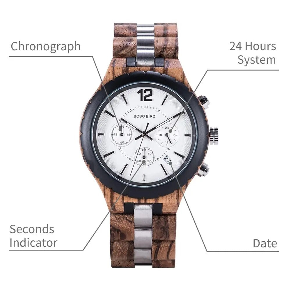 Bobo Bird Men Watches 2020 Luxury Wooden Men's Watches for Man Quartz Watches Auto Date Wristwatch Chronograph Relojes Hombre