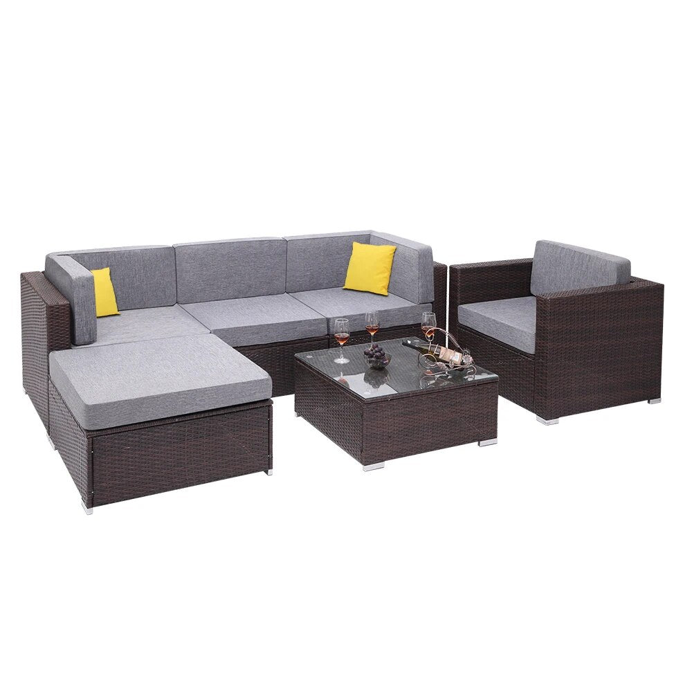 US Warehouse 6 Pieces Patio PE Wicker Rattan Corner Sofa Set Patio Furniture  Set for Garden and Outdoors