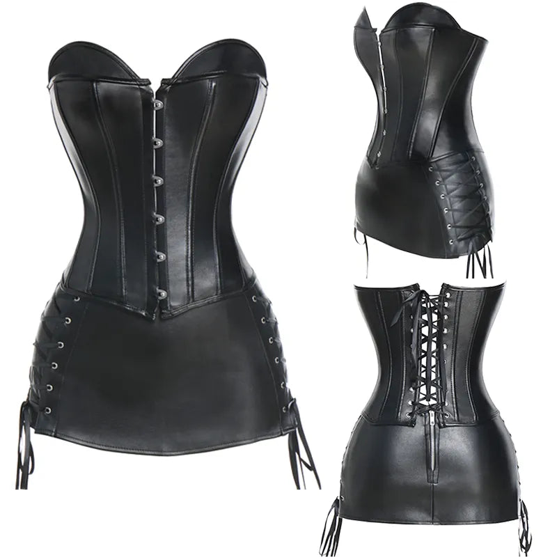 Steampunk Corset Sexy Womens Corset Dress Gothic Body Shaper Mini Skirt Dress Strapless Black Faux Leather Overbust Plus Size