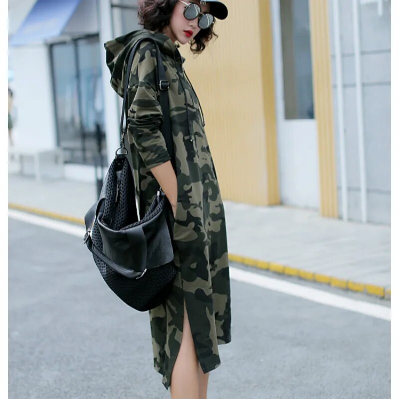 Autumn Basic Hooded Dress Sweatshirts Women Korean Fashion Camouflage Hoodies New Long Outwear Split Casual Pullover Vestido