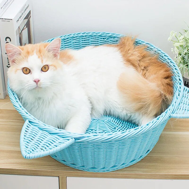 Handcrafted Rattan Wicker Cat Bed Couch Summer Cool Rope Round Beds Houses Pet Nest Kitten Lounge Sofa Condo Kitty Sleep Kennel
