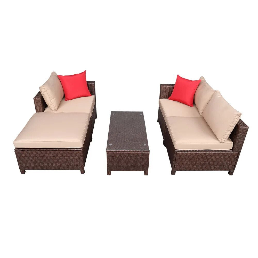 5Pcs Patio Furniture Set Rattan Sofa Hanging Legs 2 Corners 1 Sofa Without Armrests 1 Foot Drag 1 Rectangular Coffee Table Brown
