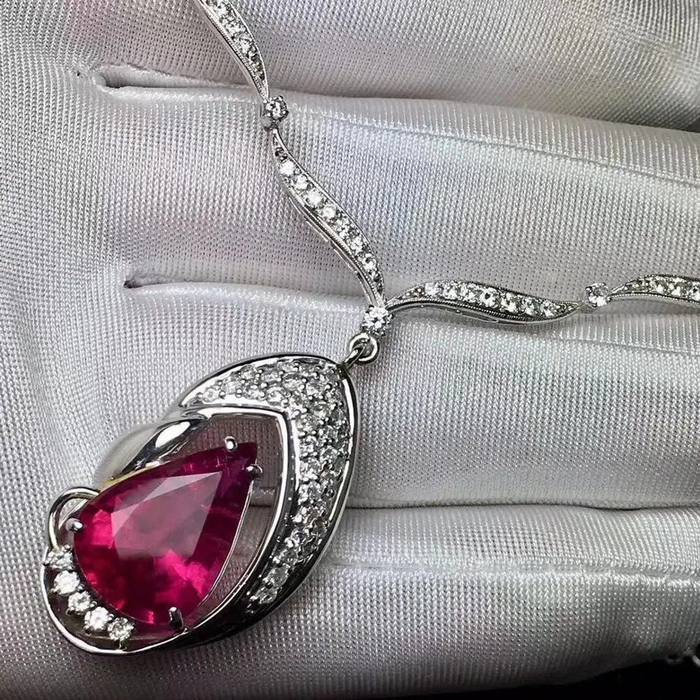 Fine Jewelry Real Pt900 Platinum Gold 100% Natural Rubi Tourmaline 8.25ct Female Diamond Gemstones Diamonds Pendants Necklaces