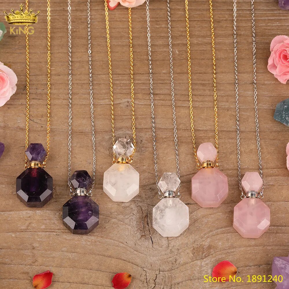 Faceted Natural Amethysts Pink Quartz Perfume Bottle Essential Oil Pendant Women Quartz Stone Vials Gold Chains Necklace Jewelry