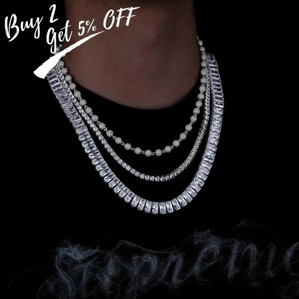 TOPGRILLZ Necklace 10mm22‘’ Baguette Necklace with 6mm18‘ ’Ball Chain Choker with 4mm20‘’ Tennis Chain Hip Hop Jewelry