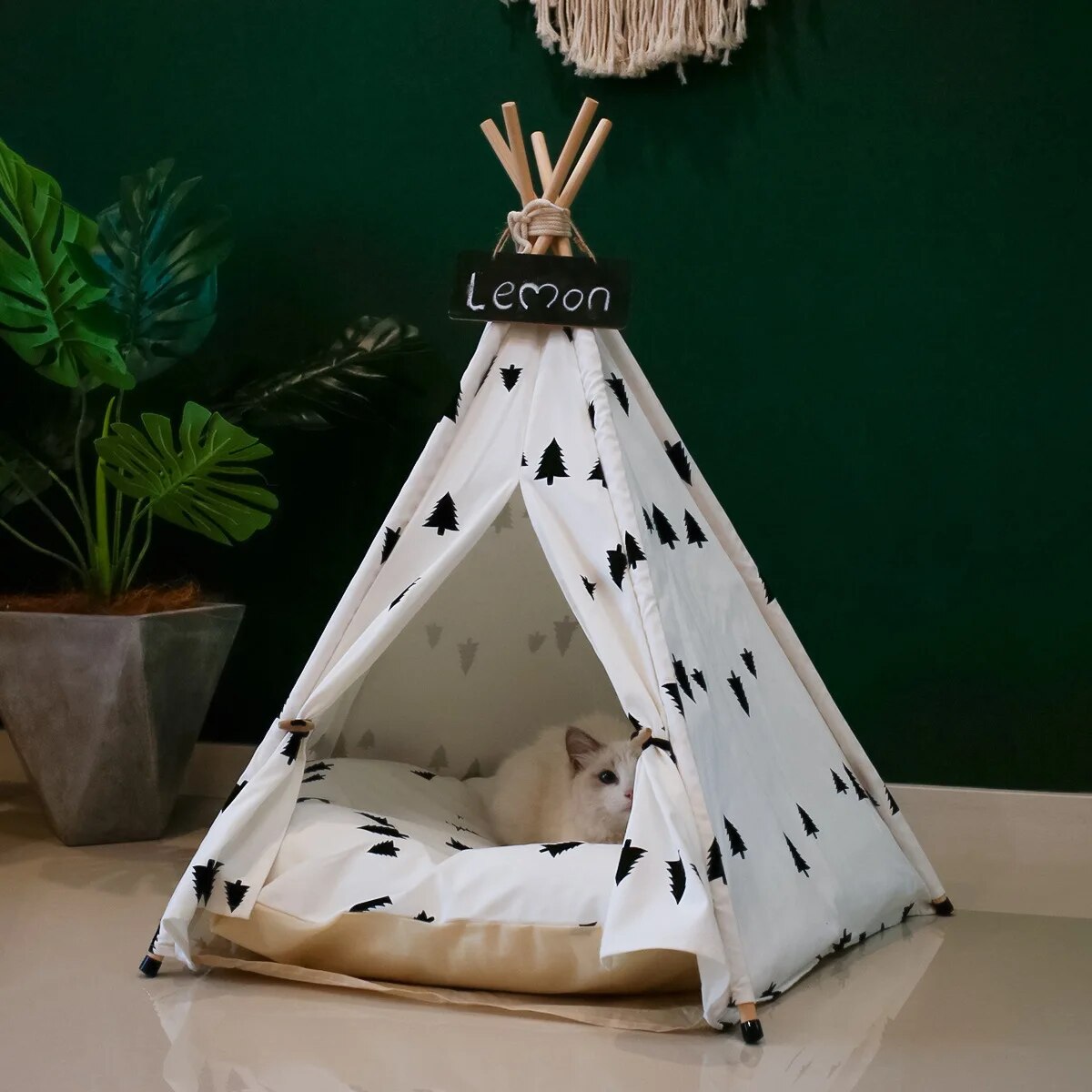 Cat Teepee Bed Dog House Canvas Pet Tent Indoor Outdoor Portable Puppy Houses Kennel with Cushion for Small Puppy Cats Kittens