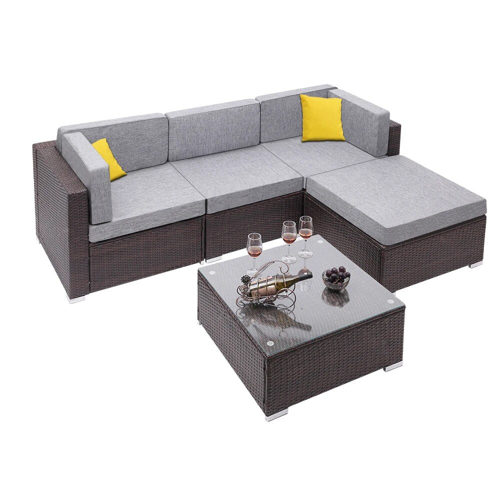 US Warehouse 5 Pieces Patio PE Wicker Rattan Corner Sofa Set  Patio Furniture  Set for Garden and Outdoors