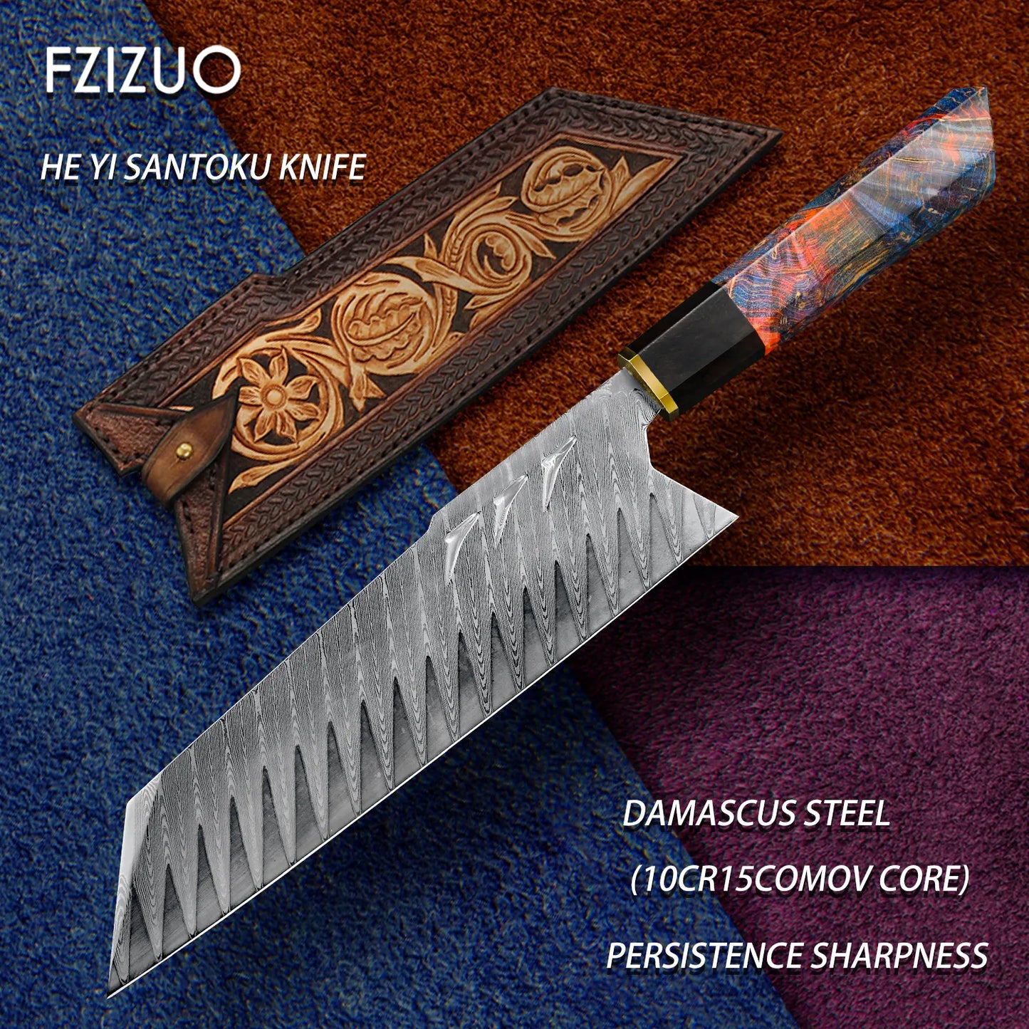 FZIZUO Santoku Knife Damascus Steel Blade Stabilized Wood Handle Cooking Knives Handmade Japanese Style Chef Knife with Sheath