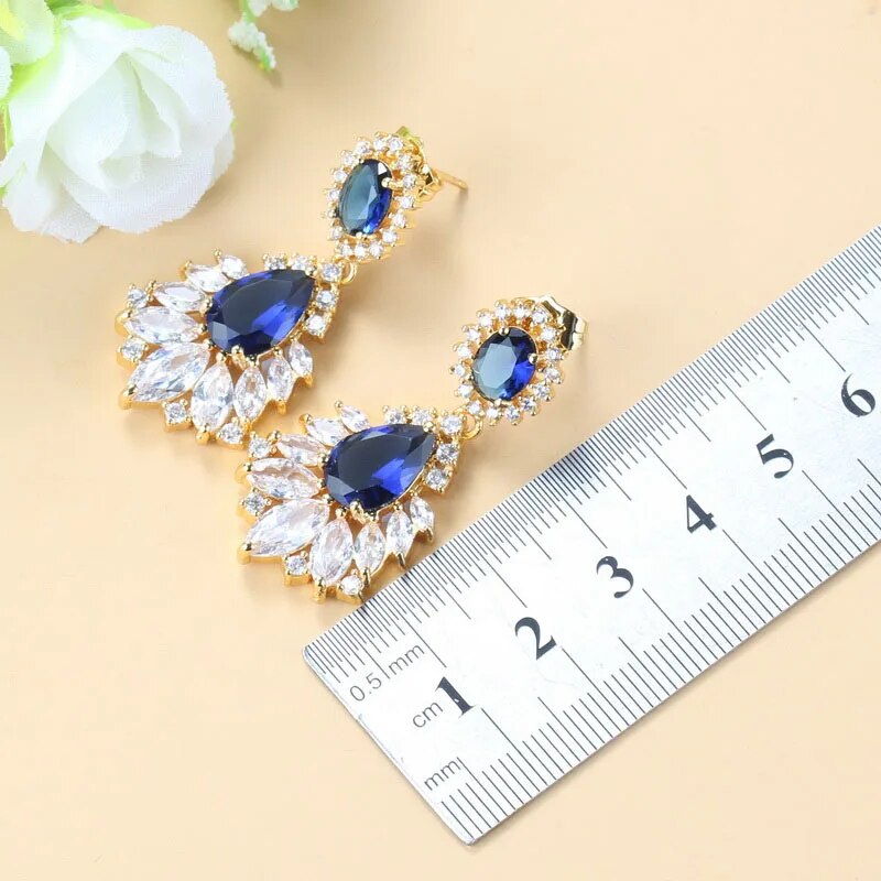 African Jewelry Sets Dubai Yellow Gold Color Wedding Accessories Blue Cubic Zirconia 6-Colors Bracelet And Ring Sets