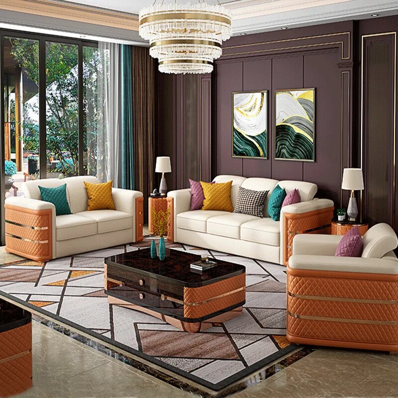 Post-Modern Luxury Leather Combination Sofa Italian Living Room Creative Customizable Large-Sized House Luxury Villa Furniture