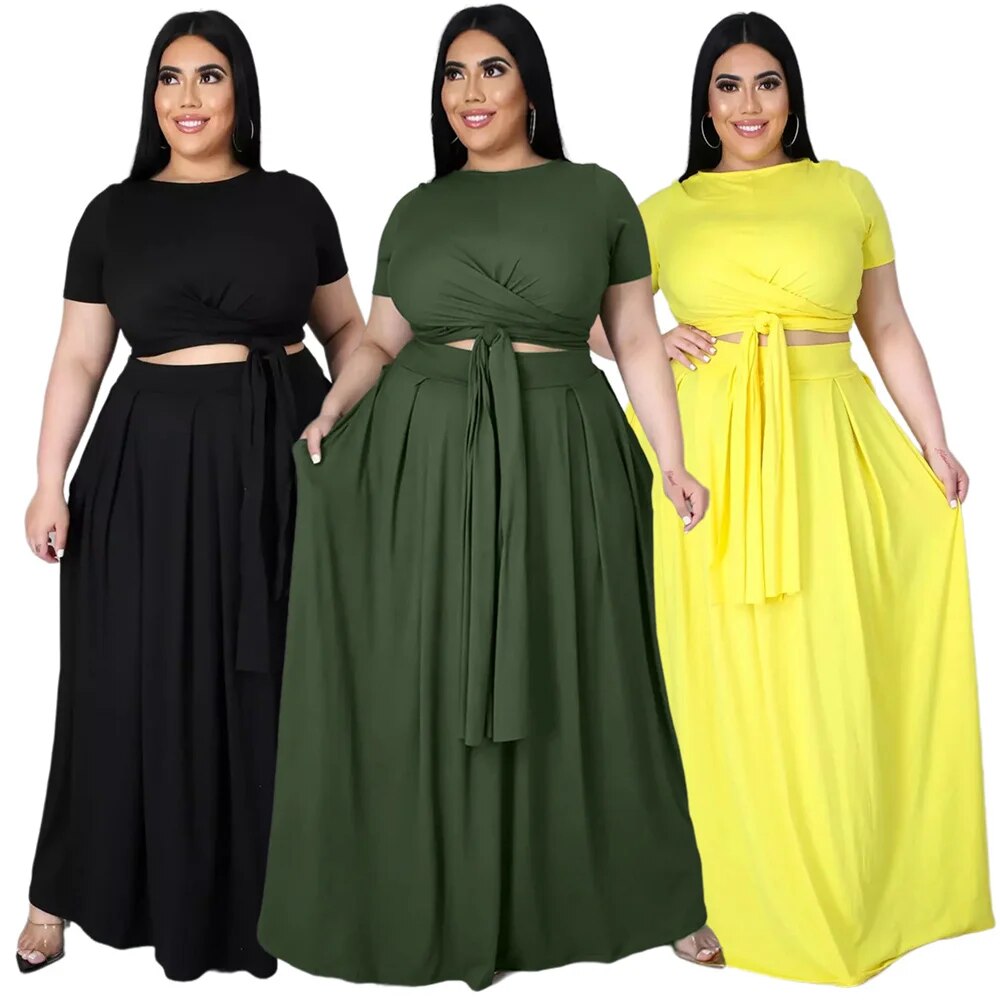 Plus Size Outfits for Women 4xl 5xl Fashion Round Collar Solid Color Bandage Swing Two Piece Set Skirts Wholesale Dropshipping
