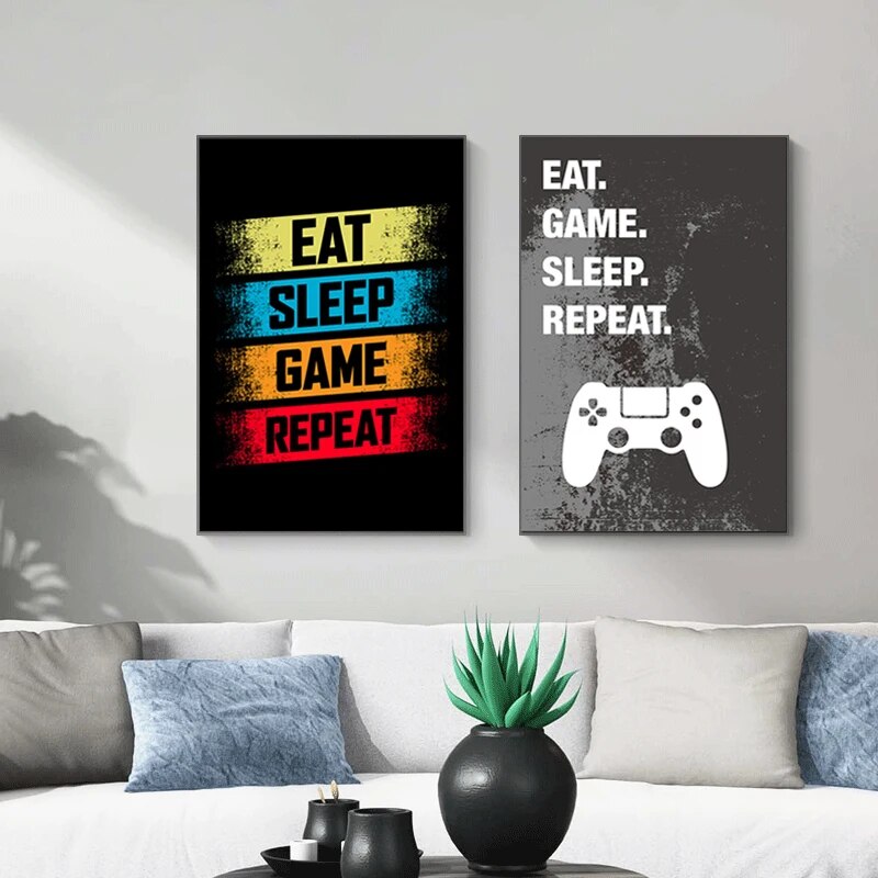 Eat Sleep Game Repeat Gaming Poster Gamer Canvas Painting Poster and Prints for Boys Room Decorative Wall Art Picture Playroom
