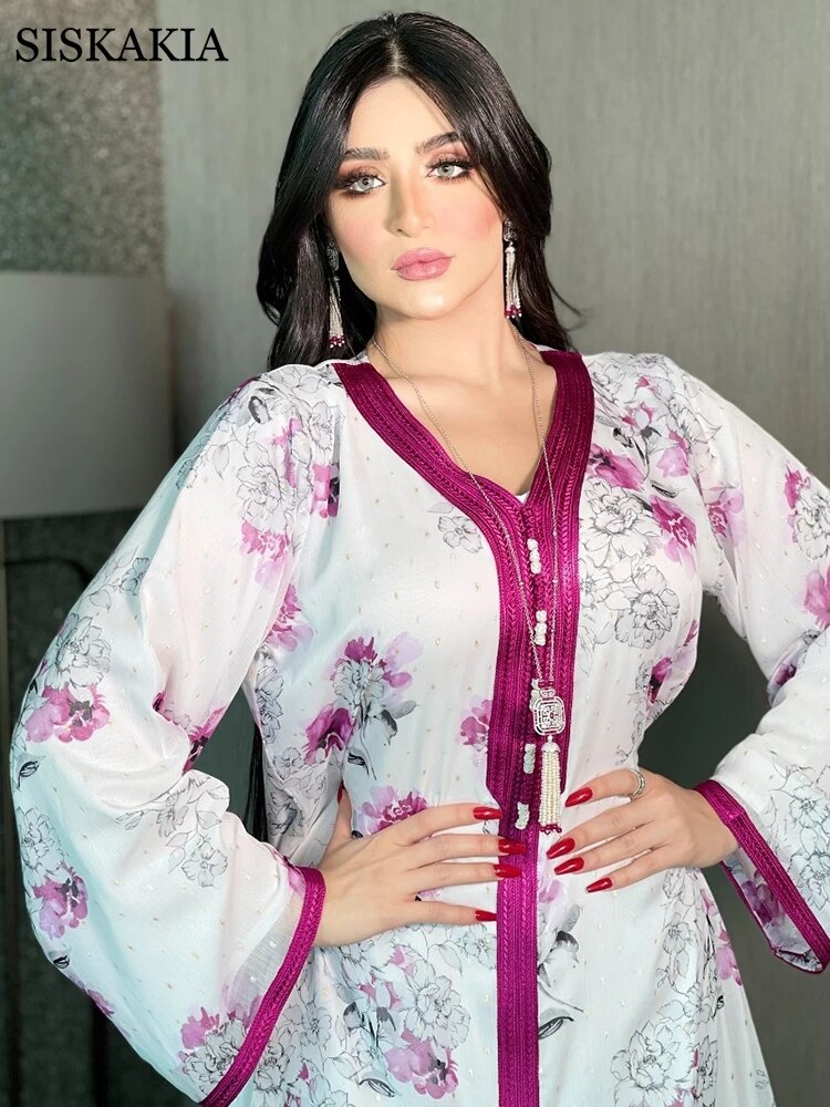Siskakia Middle Eastern Women's Clothing Ribbon V Neck Gold Silk Print Ethnic Maxi Dresses Loose Muslim Oman Arabic Abaya White