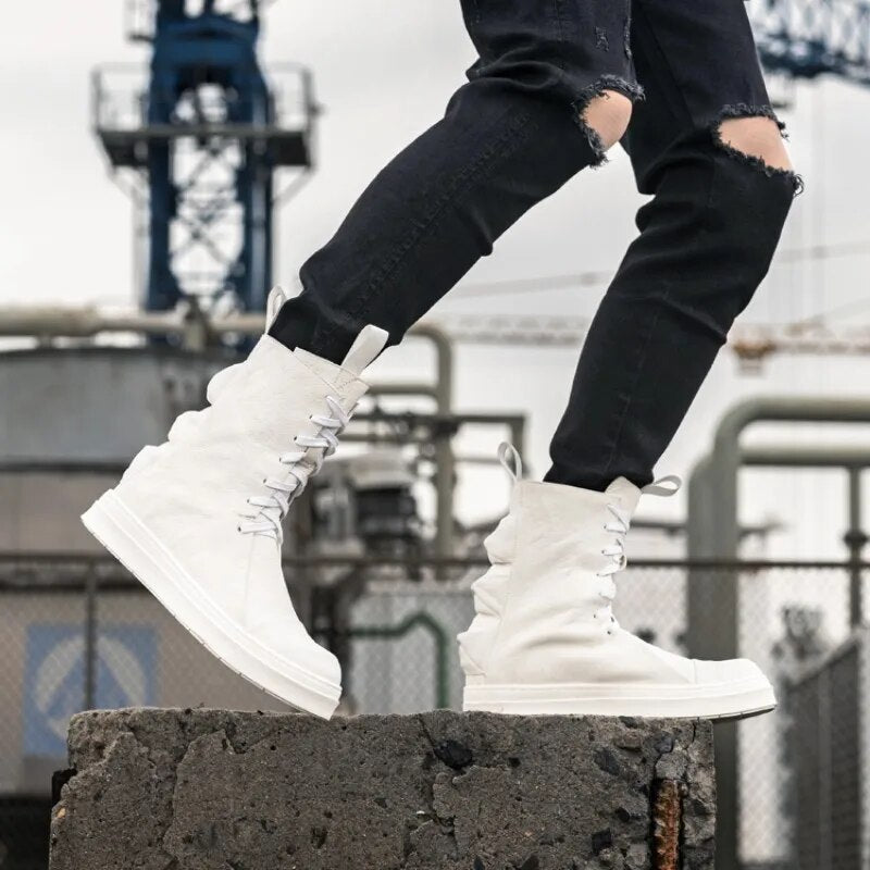 Fashion Brand Men High Top Shoes Ankle Lace Up Thick bottom Genuine Leather Casual Sneaker Personality Street Style Couple Shoes