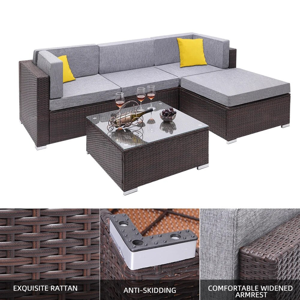US Warehouse 5 Pieces Patio PE Wicker Rattan Corner Sofa Set  Patio Furniture  Set for Garden and Outdoors