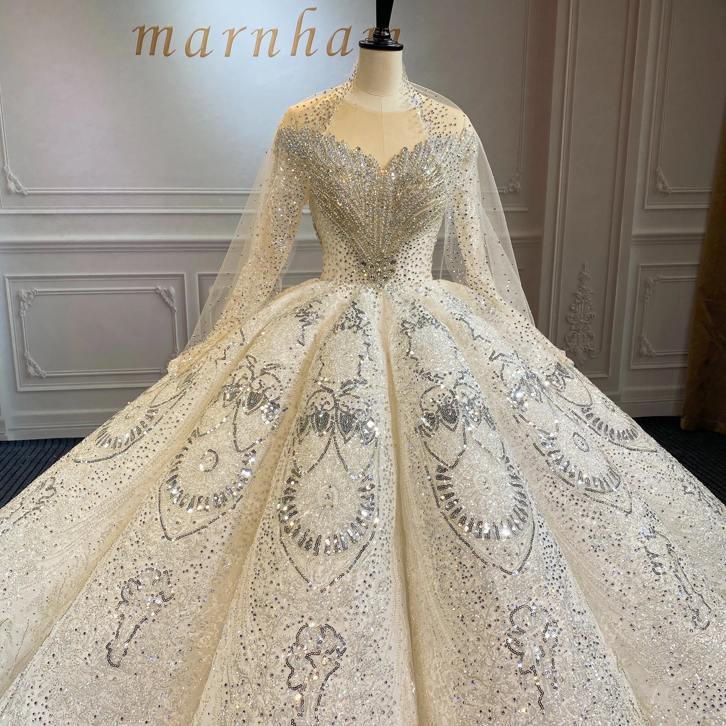 Marnahm Luxury Woman Wedding Dress 2022 Bridal Gown V Neck Full Beads Diamonds Long Sleeves Custom Vestido De Novia High Quality