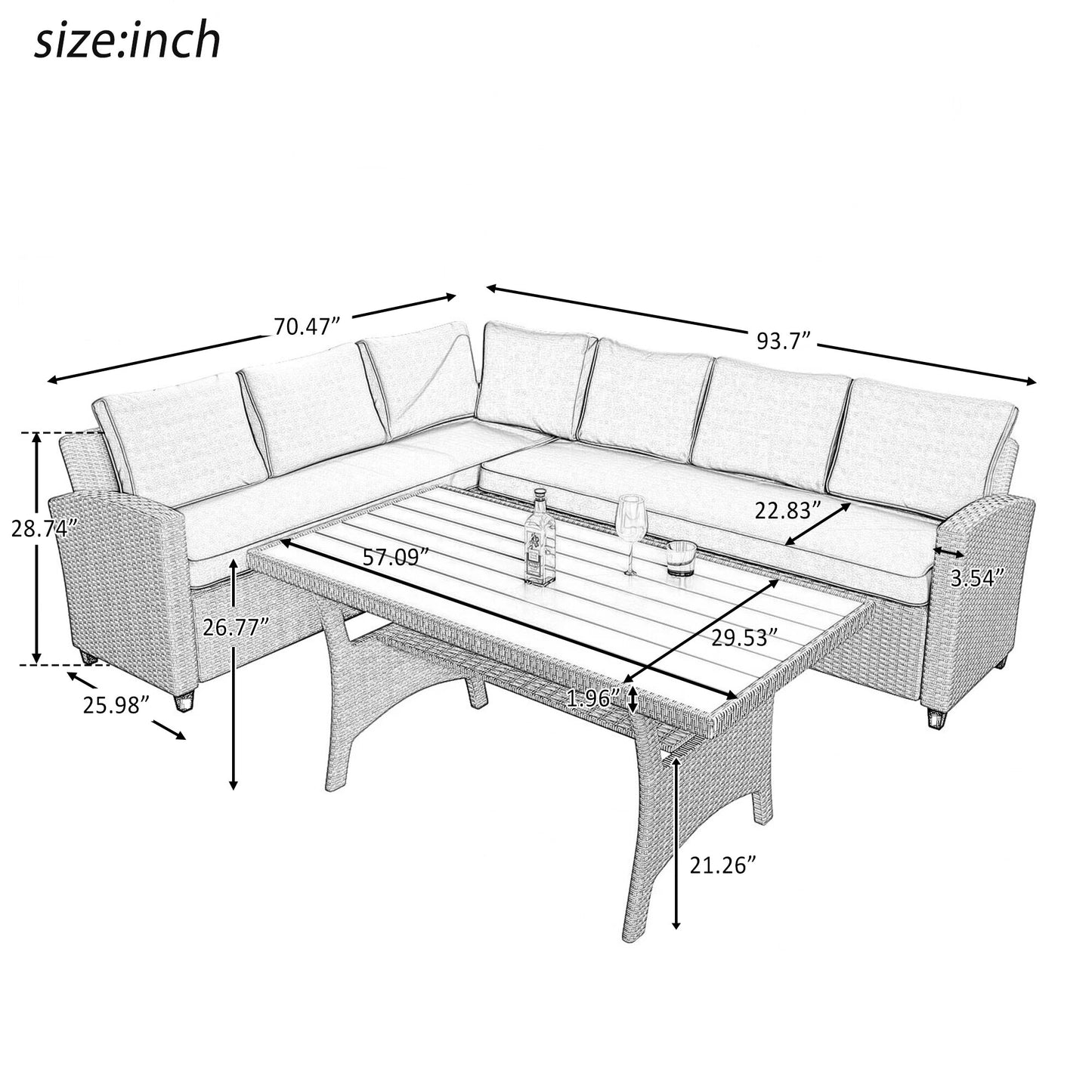 5 Pcs Outdoor Conversation Set Patio Furniture Set All Weather Wicker Sectional Couch Sofa Dining Table Chair w/ Ottoman&Pillow