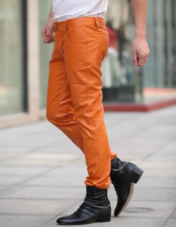 Azazel Free shipping 2020 New style Fashion leather pants Men orange Slim leather pants Nightclub male Plue Size trousers 29-39