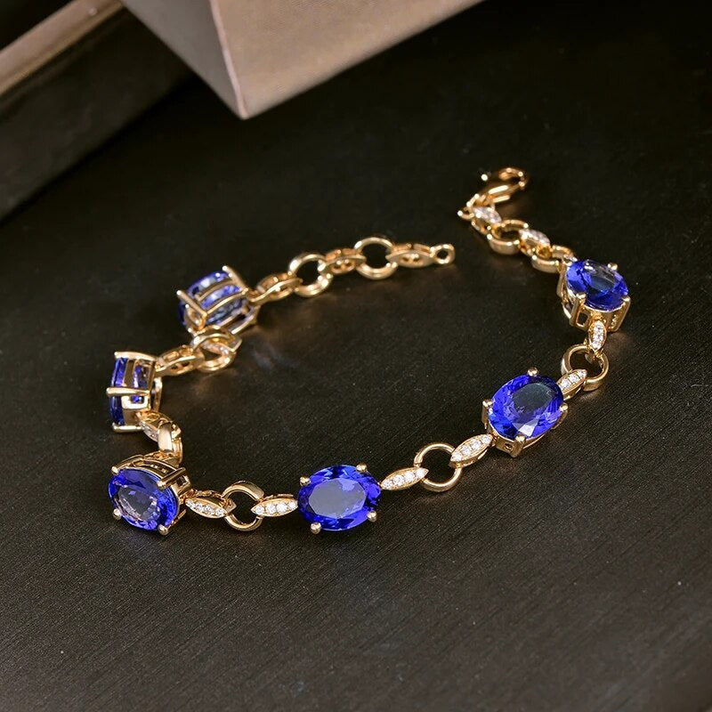 LOVERJEWELRY Lady Tanzanite Bracelets Gold Yellow Pure 14Kt AU585 Natural Blue Tanzanite Gemstones With Diamonds Women Bracelet