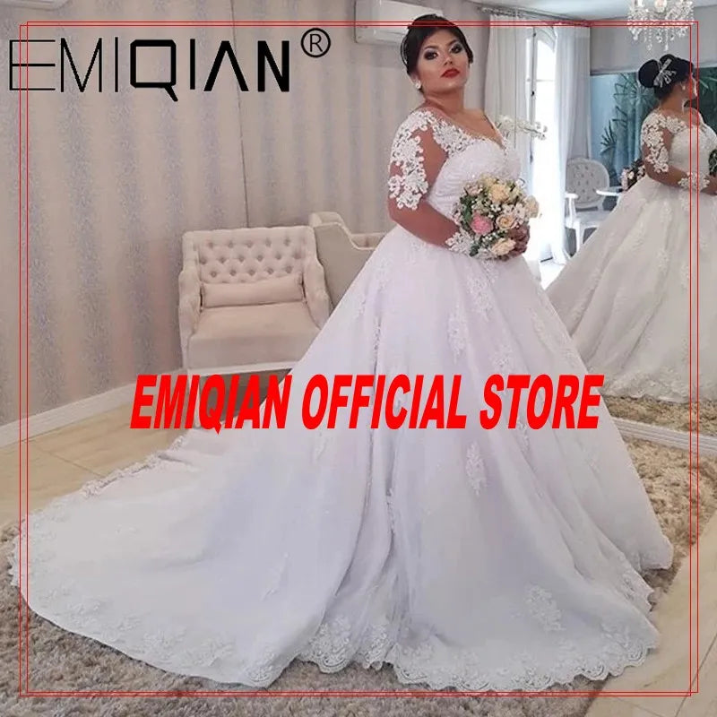 Plus size Lace Appliques Wedding Dresses Long Sleeves Lace Up Back Wedding Gowns Bride Dresses robe de mariee - KAISERINC