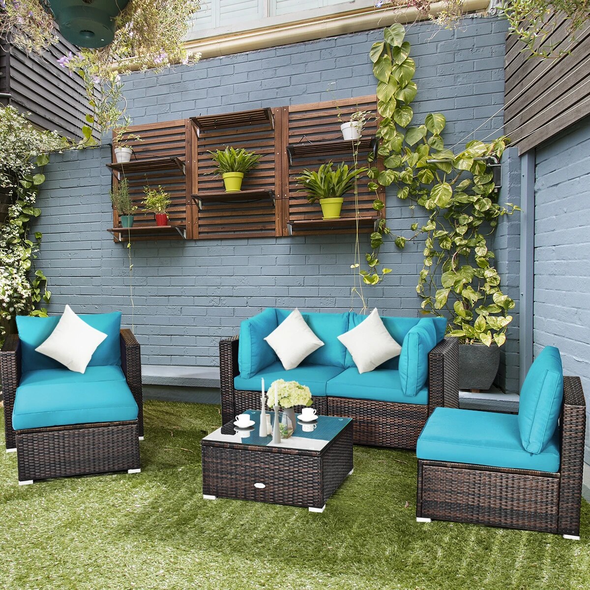 Patiojoy 6PCS Patio Rattan Furniture Set Cushion Sofa Coffee Table Ottoman HW63877