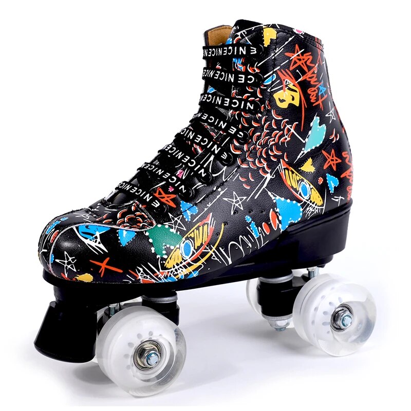 Print White Black Microfiber Roller Skates Double Row 4 Wheels PU Skating Shoes Skates Kids Gifts Roller Sneakers Training