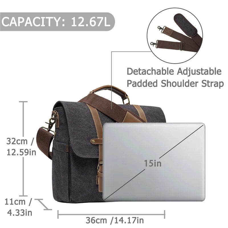 VASCHY Vintage Men Briefcase Water Resistant Canvas Messenger Bag for 15 In Laptop Business Satchel Padded Shoulder Bags Male