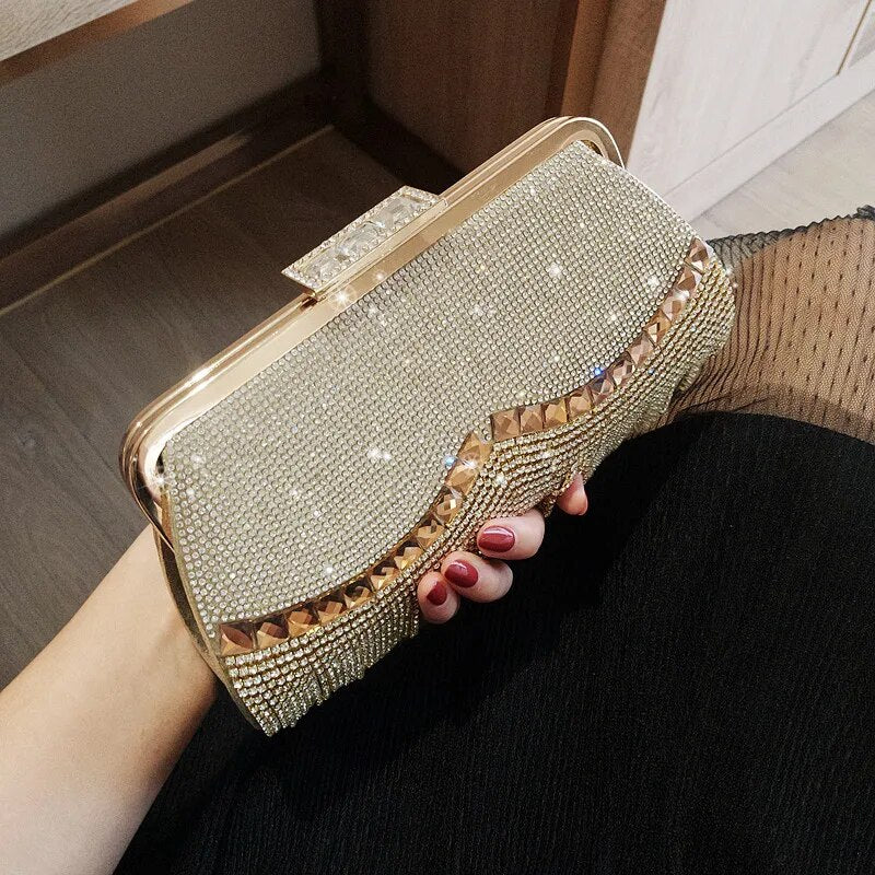 Women's Wedding Clutch Bag Luxury Rhinestone Tassel Handbag Banquet Gold Evening Bag Party Purse Chain Shoulder Bag ZD1776