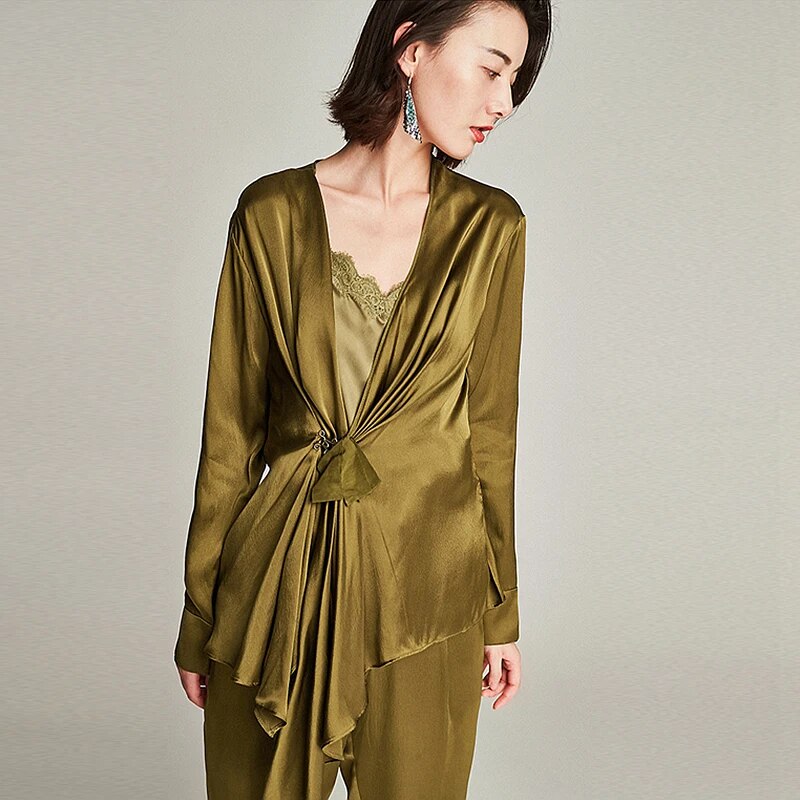 High-end 100% Heavy Silk Suit Women Wrapped Silk Two-piece Suit Long Sleeves Casual Pockets Pants Suits For Women New Fashion