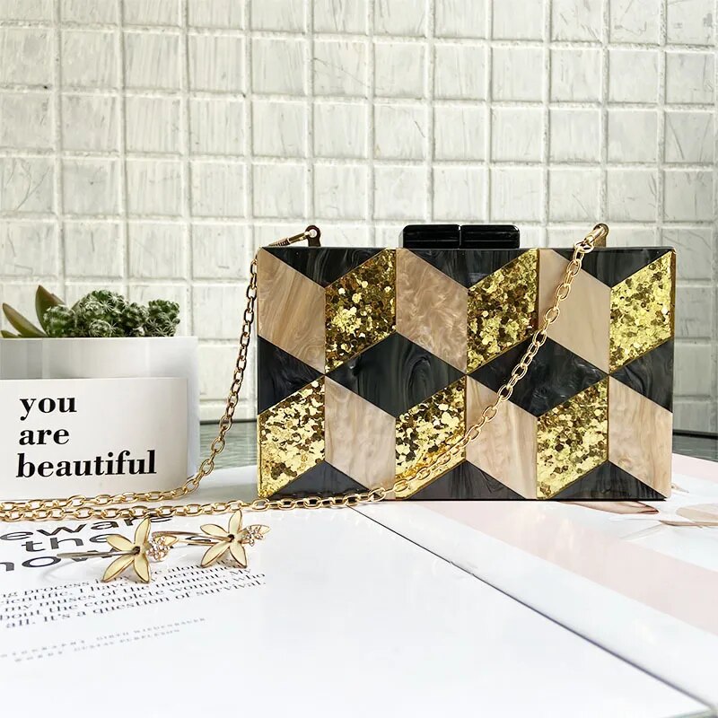 New Female Black Pearlescent Acrylic Evening Bags Vintage Women Messenger Bags Gold Sequins Clutches Patchwork Party Handbags