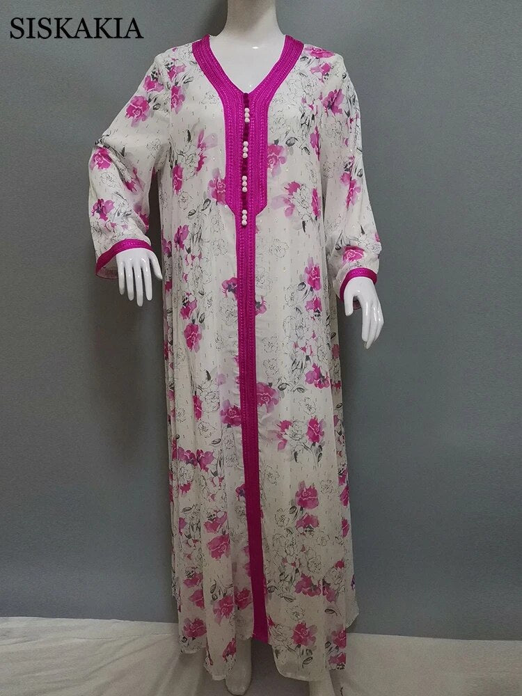 Siskakia Middle Eastern Women's Clothing Ribbon V Neck Gold Silk Print Ethnic Maxi Dresses Loose Muslim Oman Arabic Abaya White