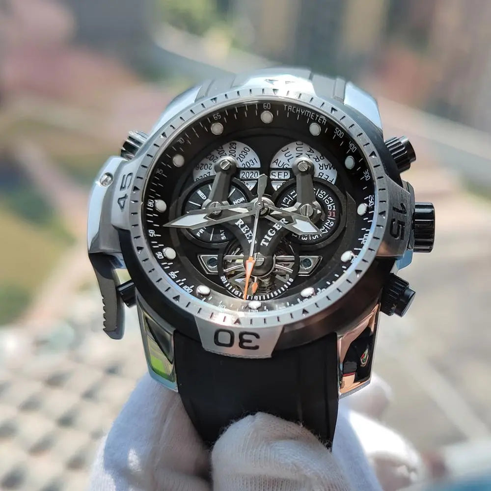 Reef Tiger/RT Sport Watch with Perpetual Calendar Date Day Steel Case Black Leather Strap Mechanical Men's Watches RGA3503