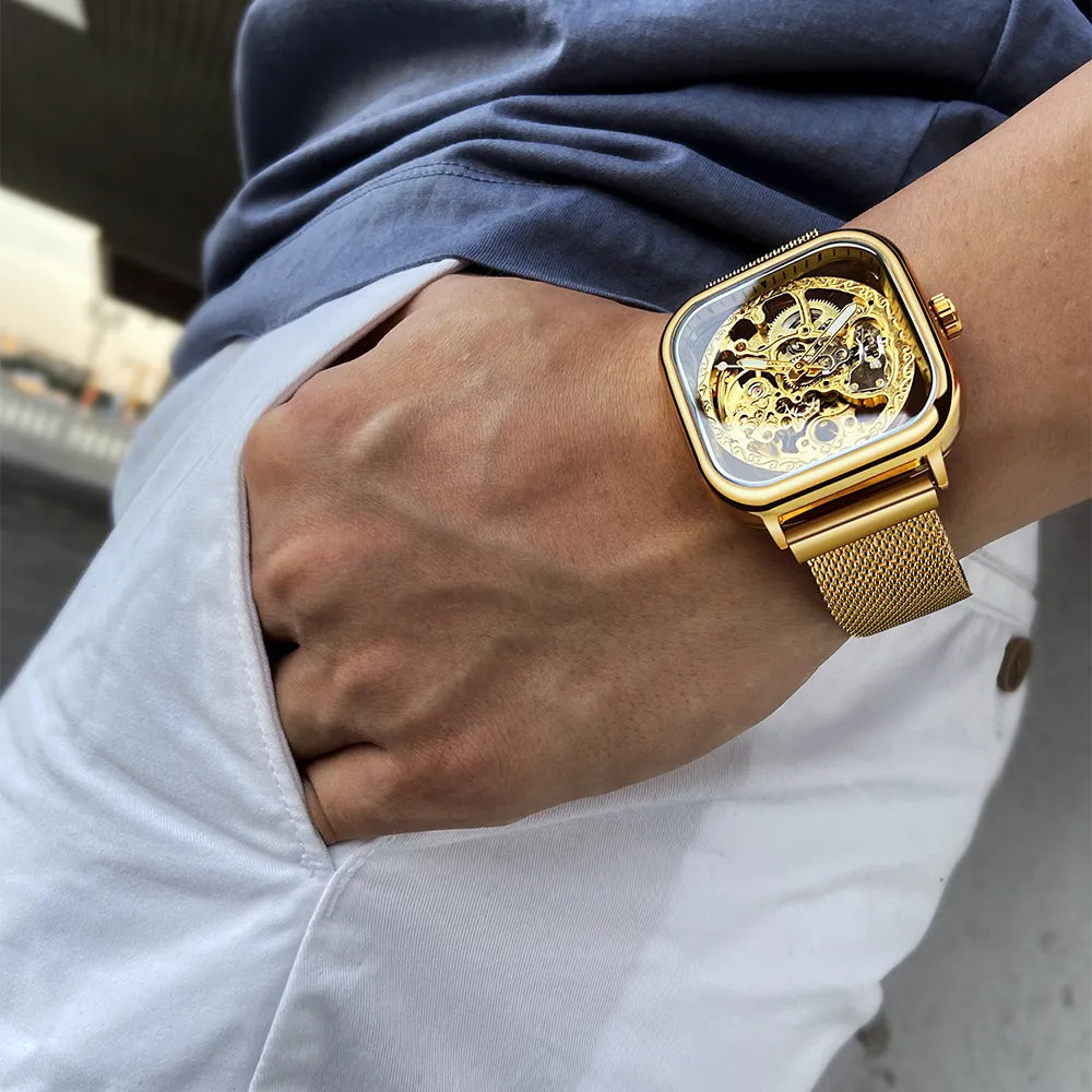 Forsining Men Mechanical Watches Automatic Self-Wind Golden Transparent Fashion Mesh Steel Wristwatch Skeleton Man Male Hot Hour